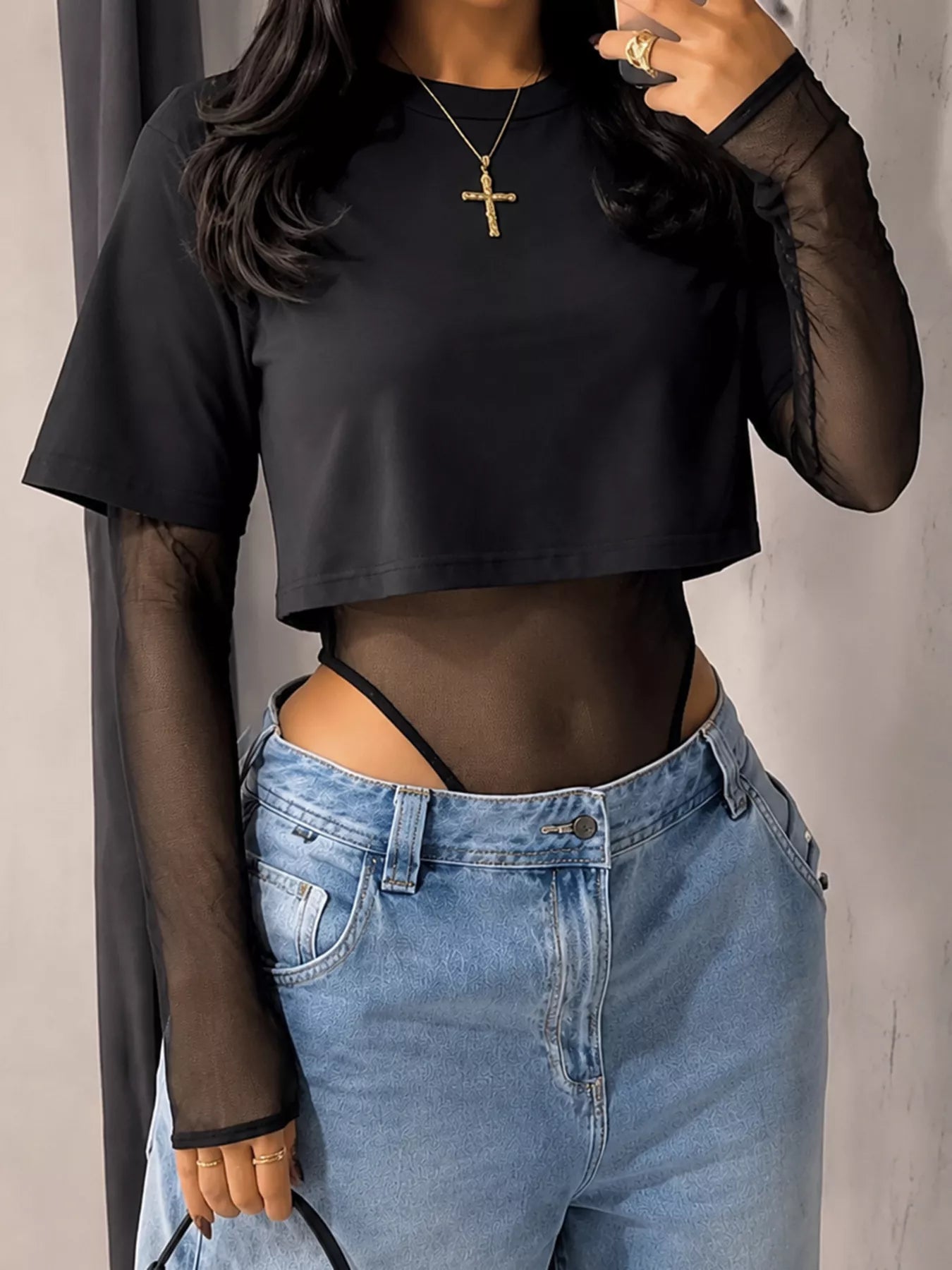Trendsi Sheer Mesh Long Sleeve Bodysuit -