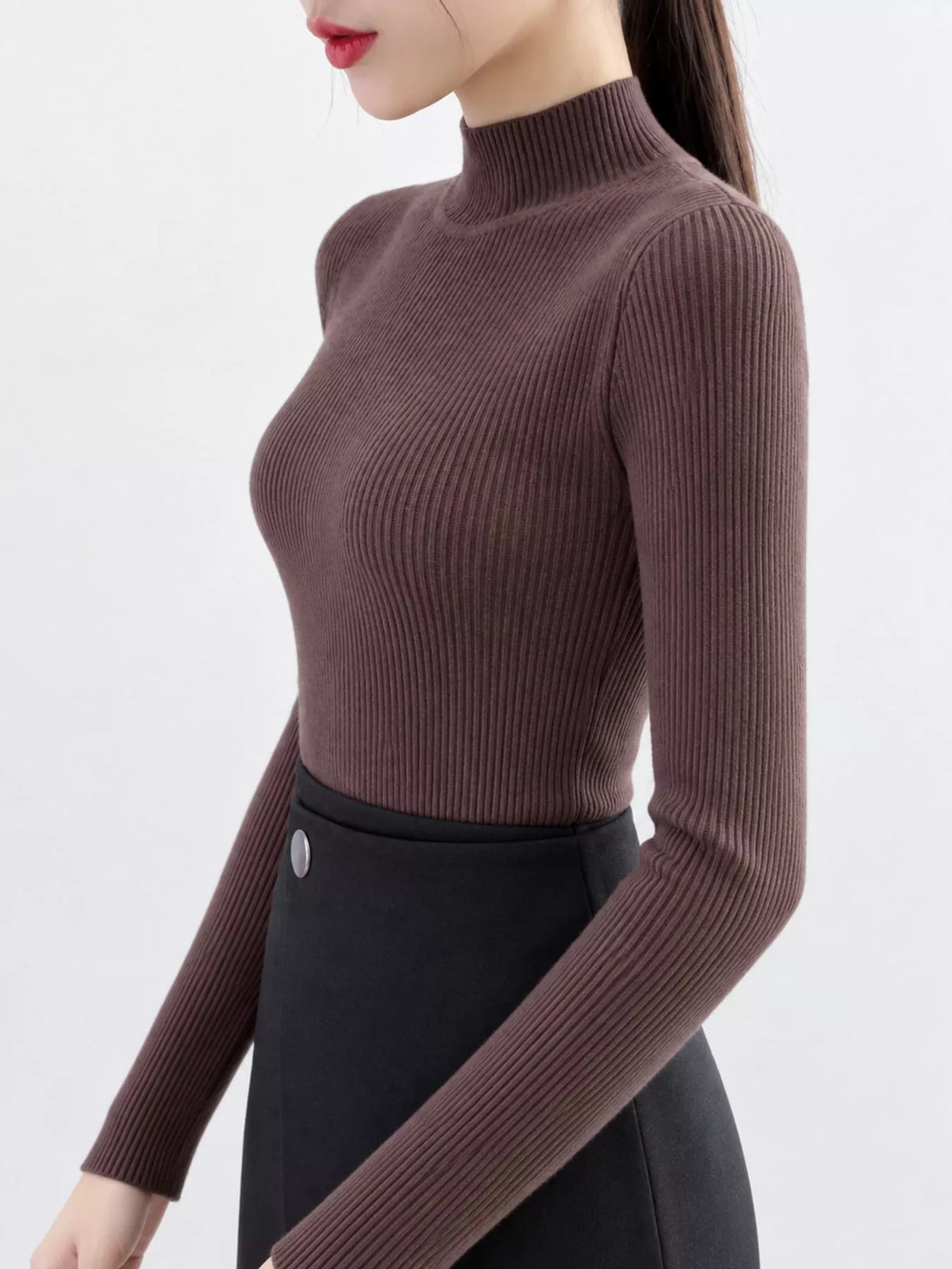 Brown ribbed mock neck long sleeve knit top