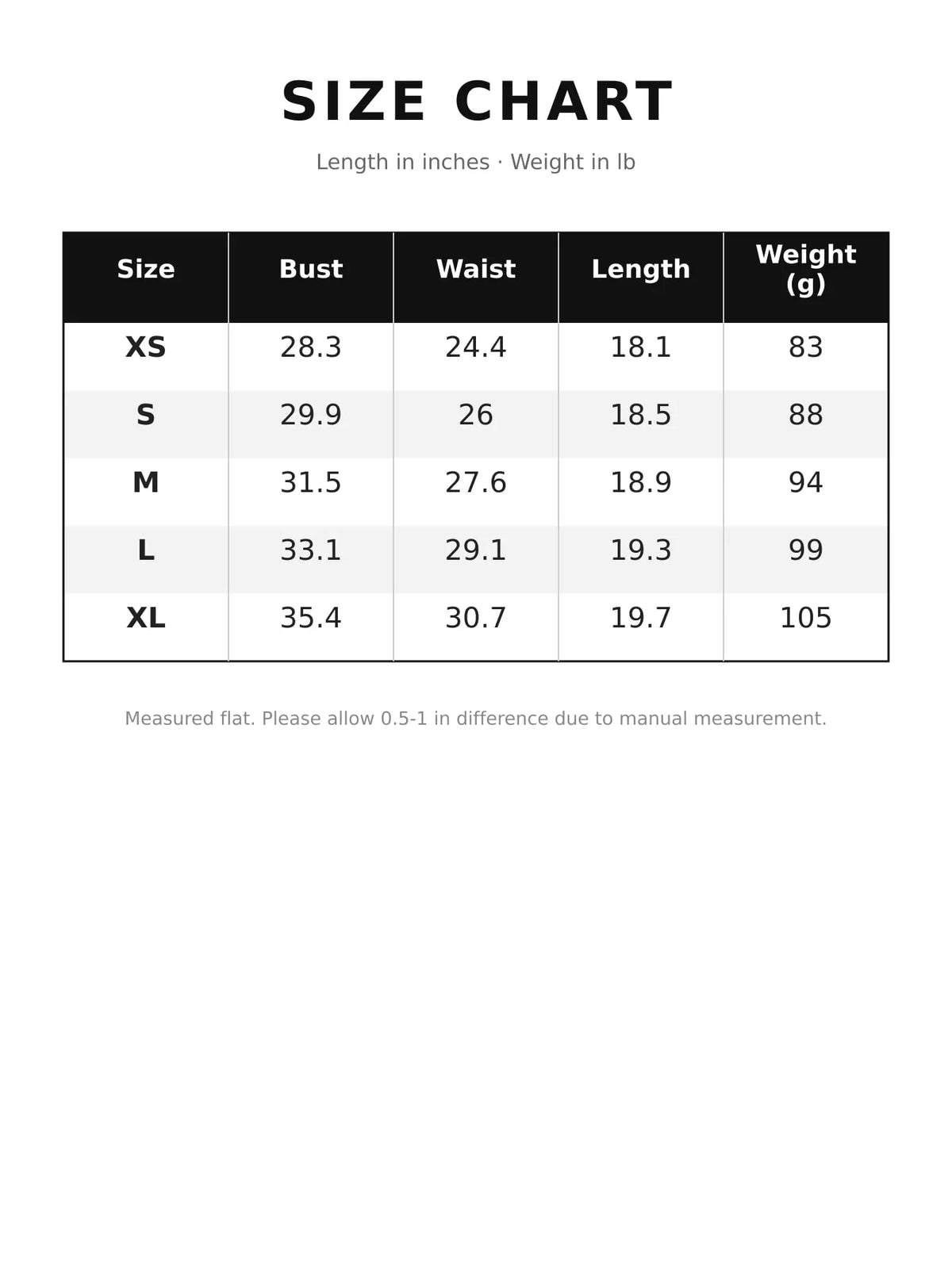 Size chart for the crew neck crop T-shirt