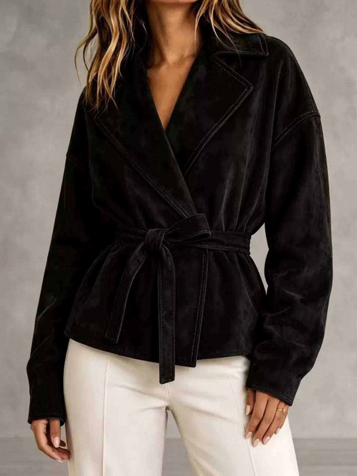 Black tie-waist lapel collar jacket