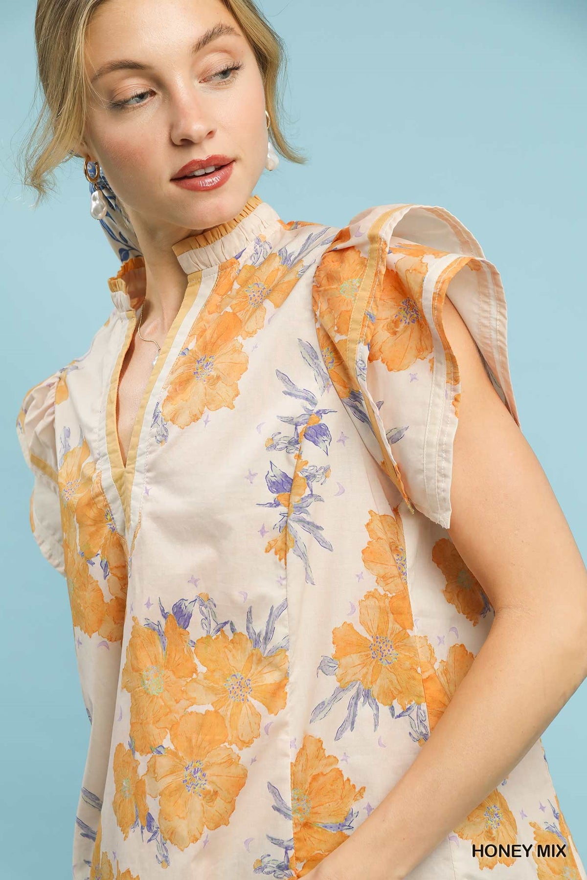 Women's Floral Cotton Split-Neck Blouse With Double Ruffle Sleeves — product view 3