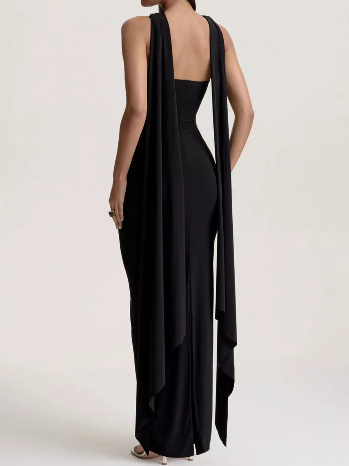 Black strapless ruched bodycon maxi dress with scarf, back view