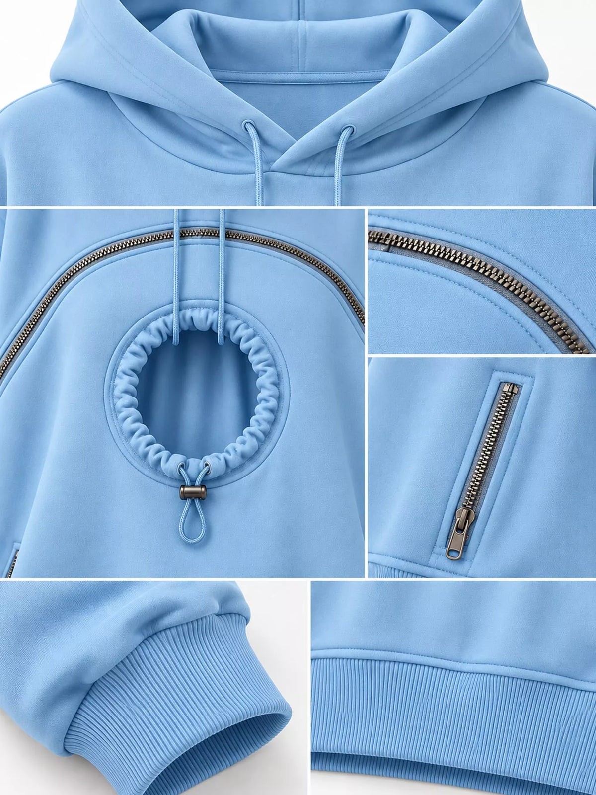Sky Blue kangaroo pet pouch hoodie, detail view