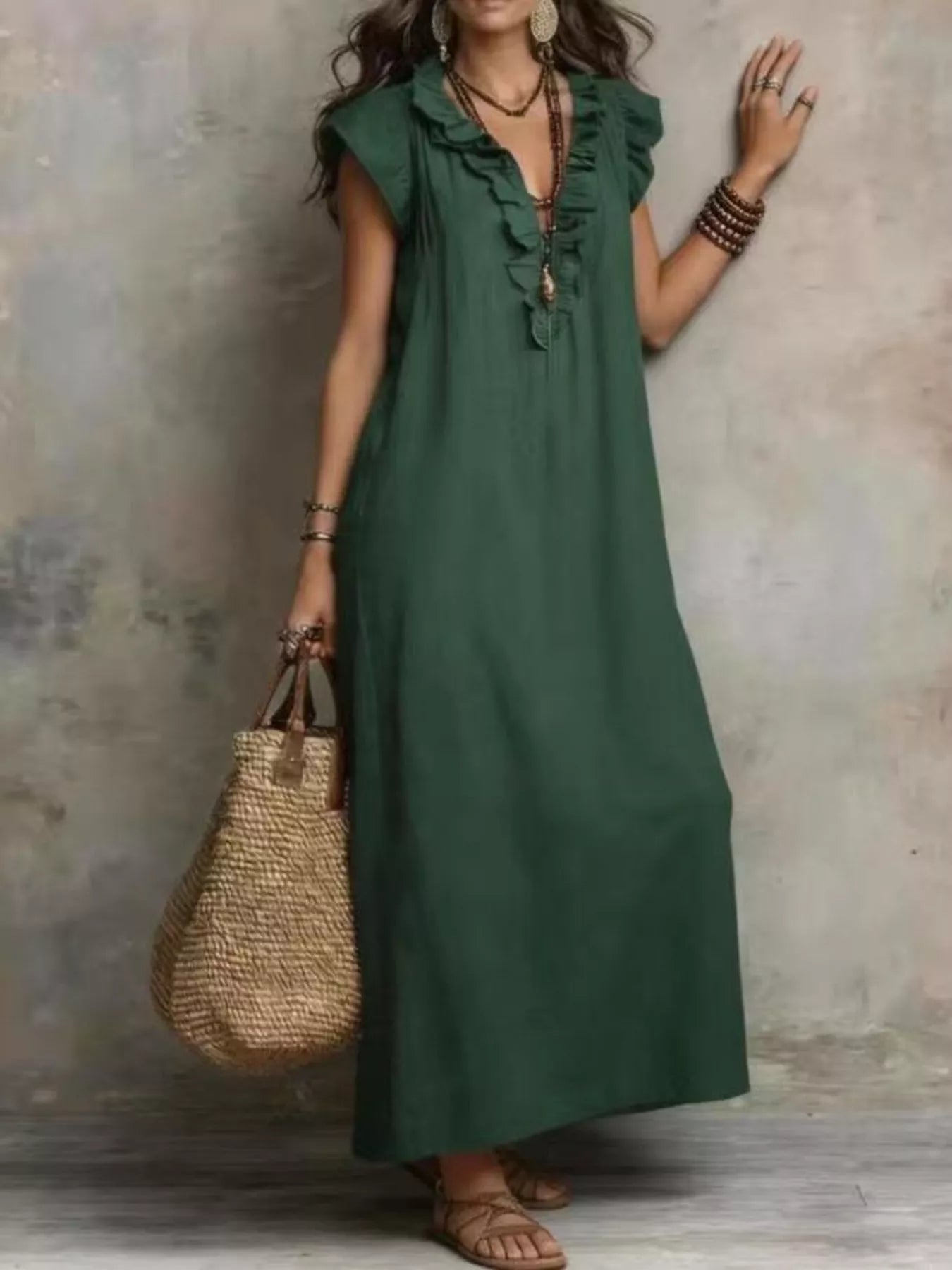 Trendsi Full Size Bohemian Ruffle Neck Maxi Dress Plus Size -
