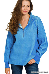 Trendsi Zenana Ribbed Two Tone Half Zip Sweater -