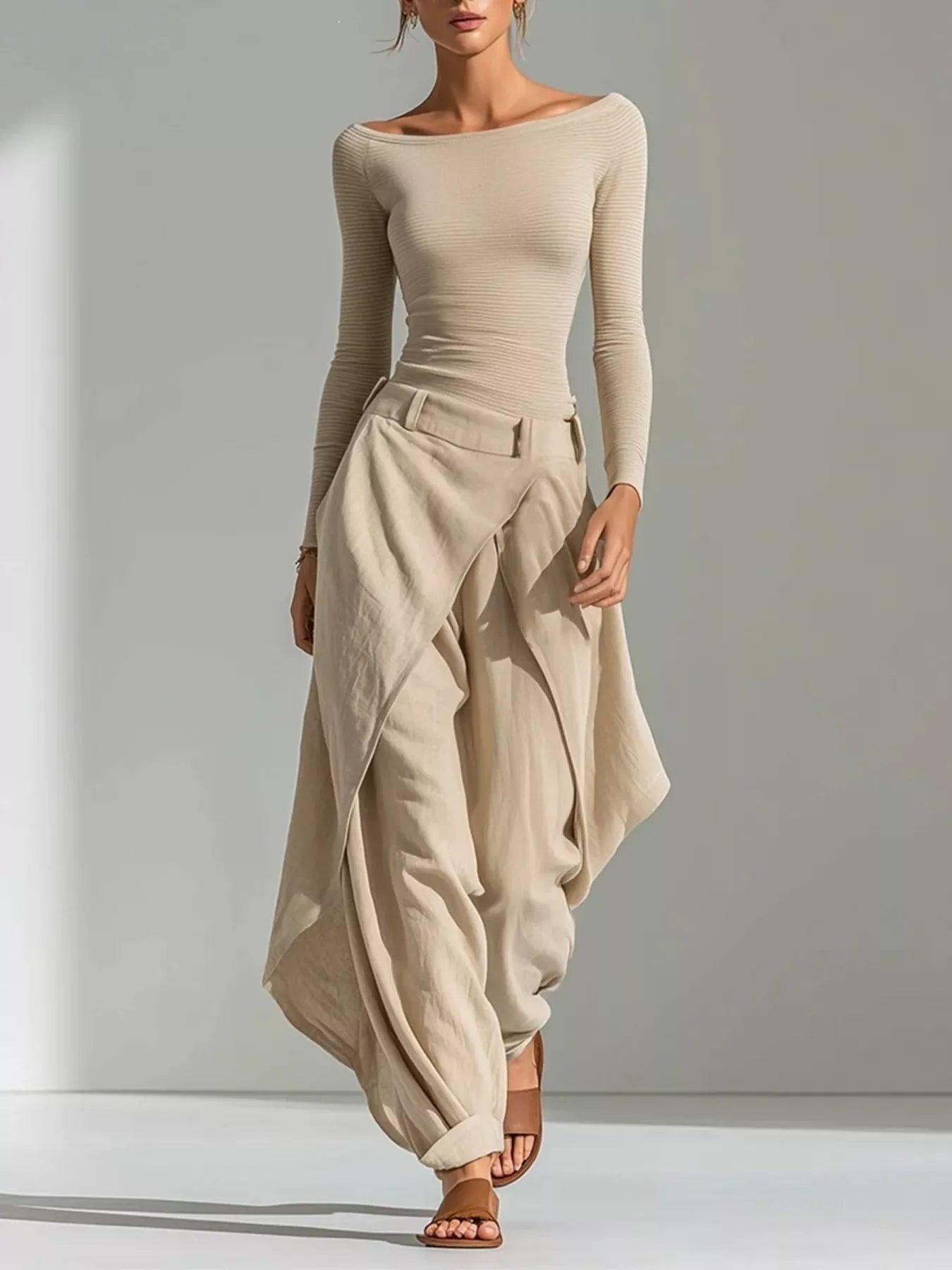Boat-neck long sleeve top and wide-leg pants set