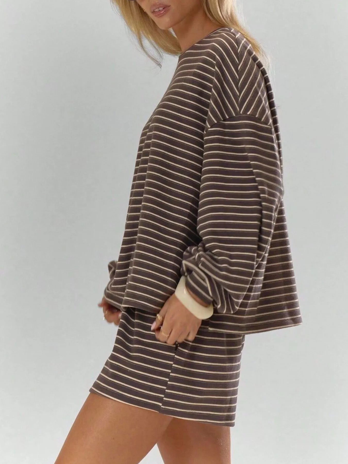Trendsi Casual Striped Long-Sleeve Top and Shorts Set -