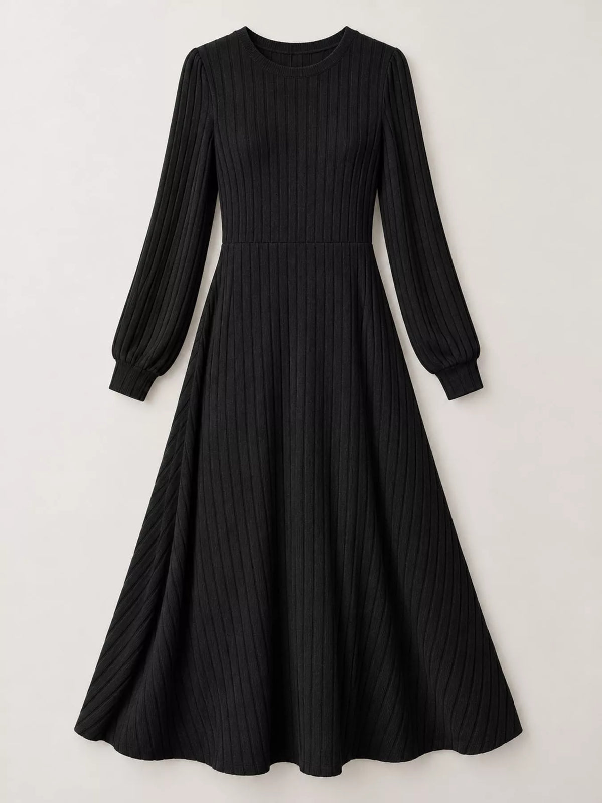 Women's Ribbed Knit Long Sleeve A-Line Midi Dress in black — flat lay view