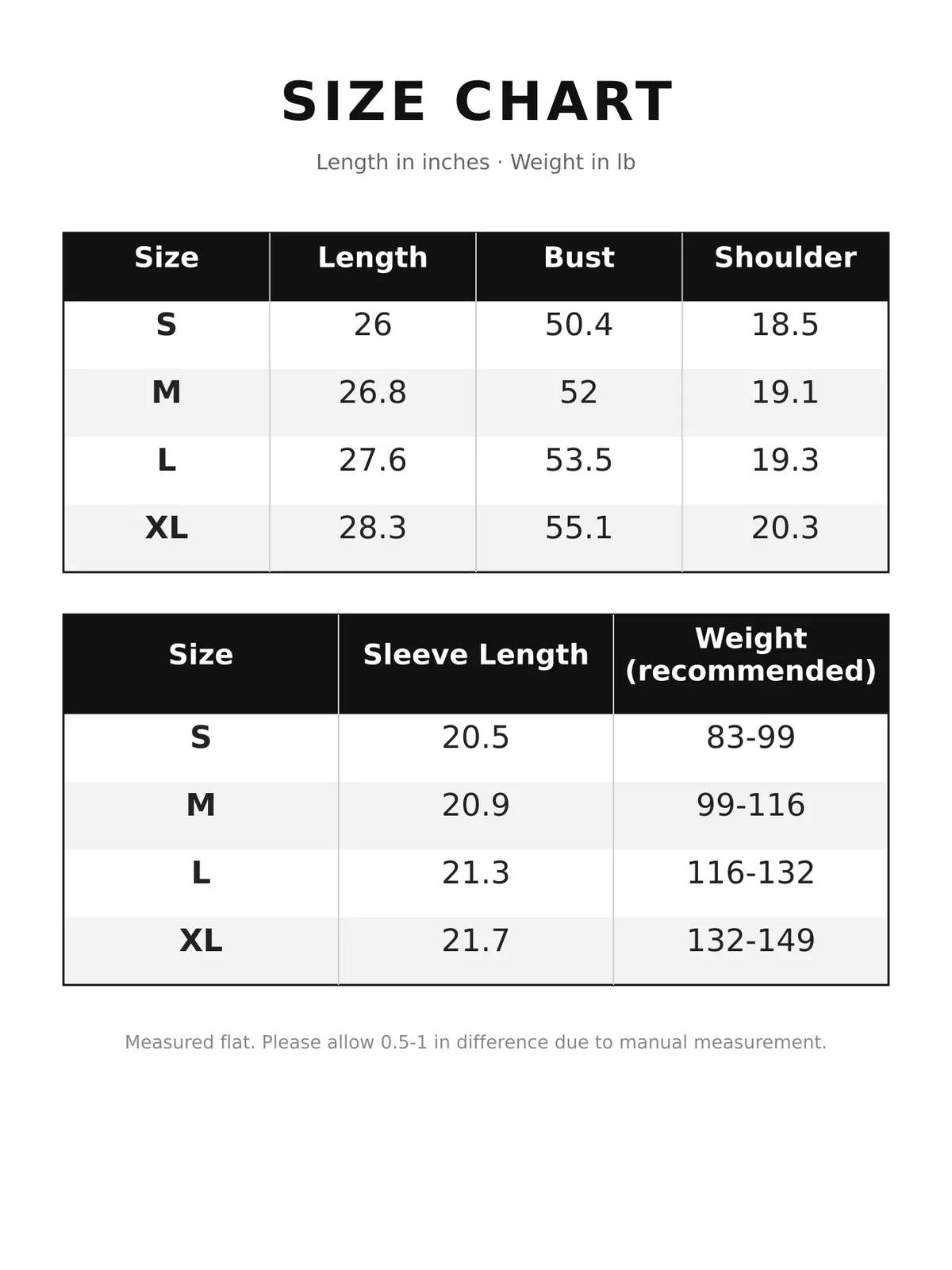 Stand-collar jacket, size chart