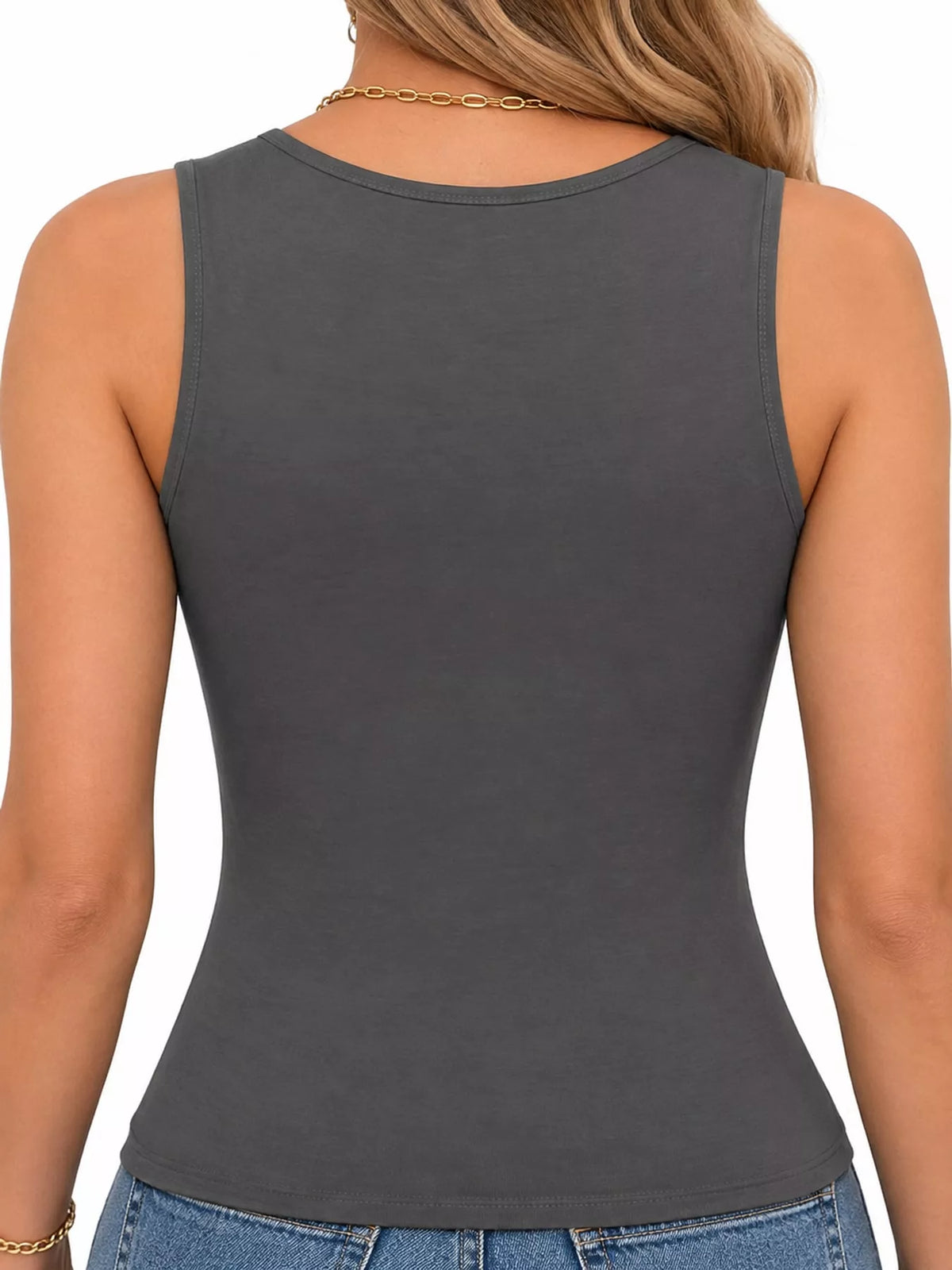 Dark gray square-neck tank, back view