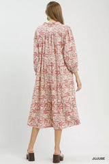 Trendsi Umgee Linen Botanical Print Tiered Midi Dress -