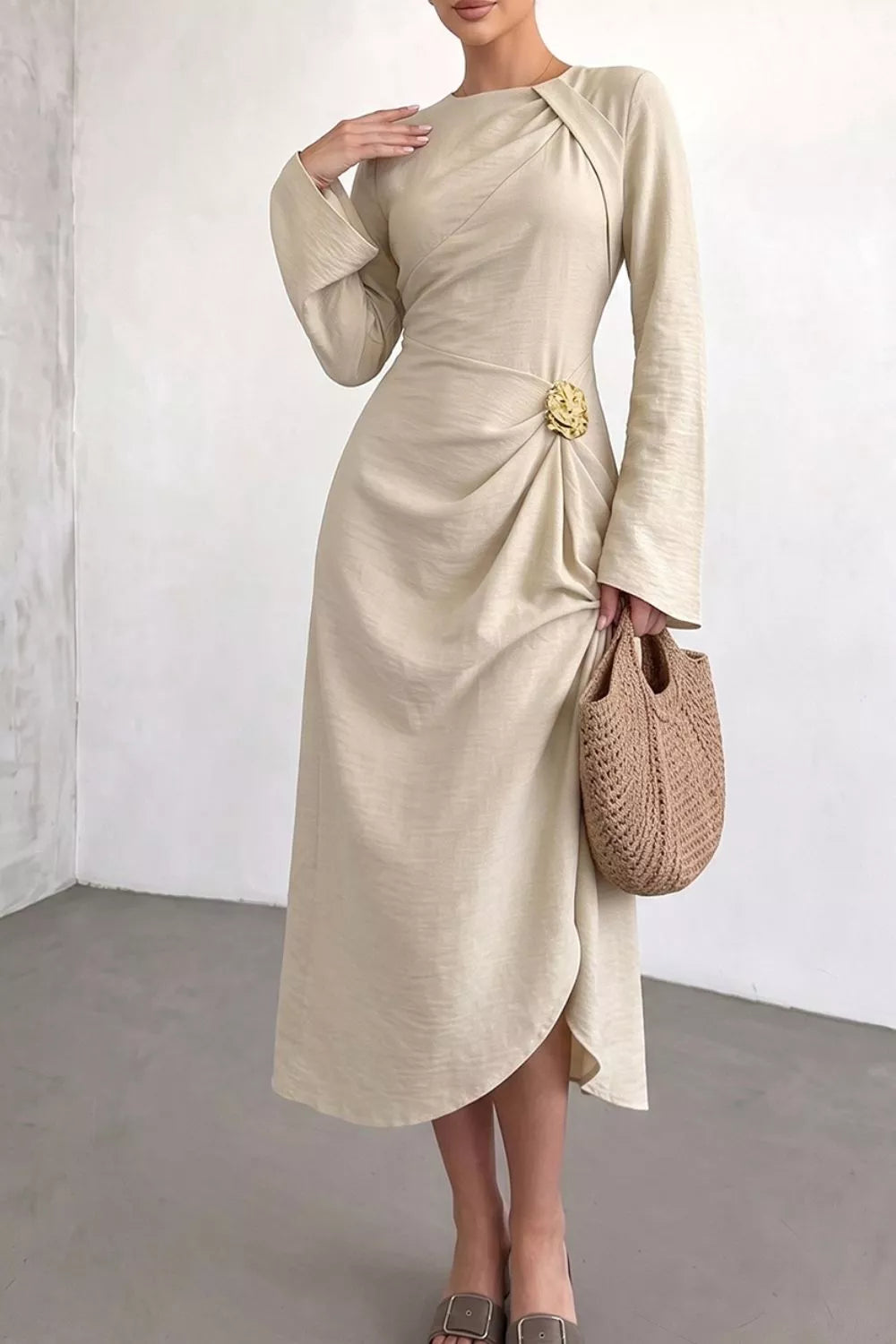 Trendsi Ruched Long Sleeve Midi Dress -