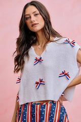 Trendsi SO ME 4th Of July Ribbon Trimmed Dolman Sweater Top -