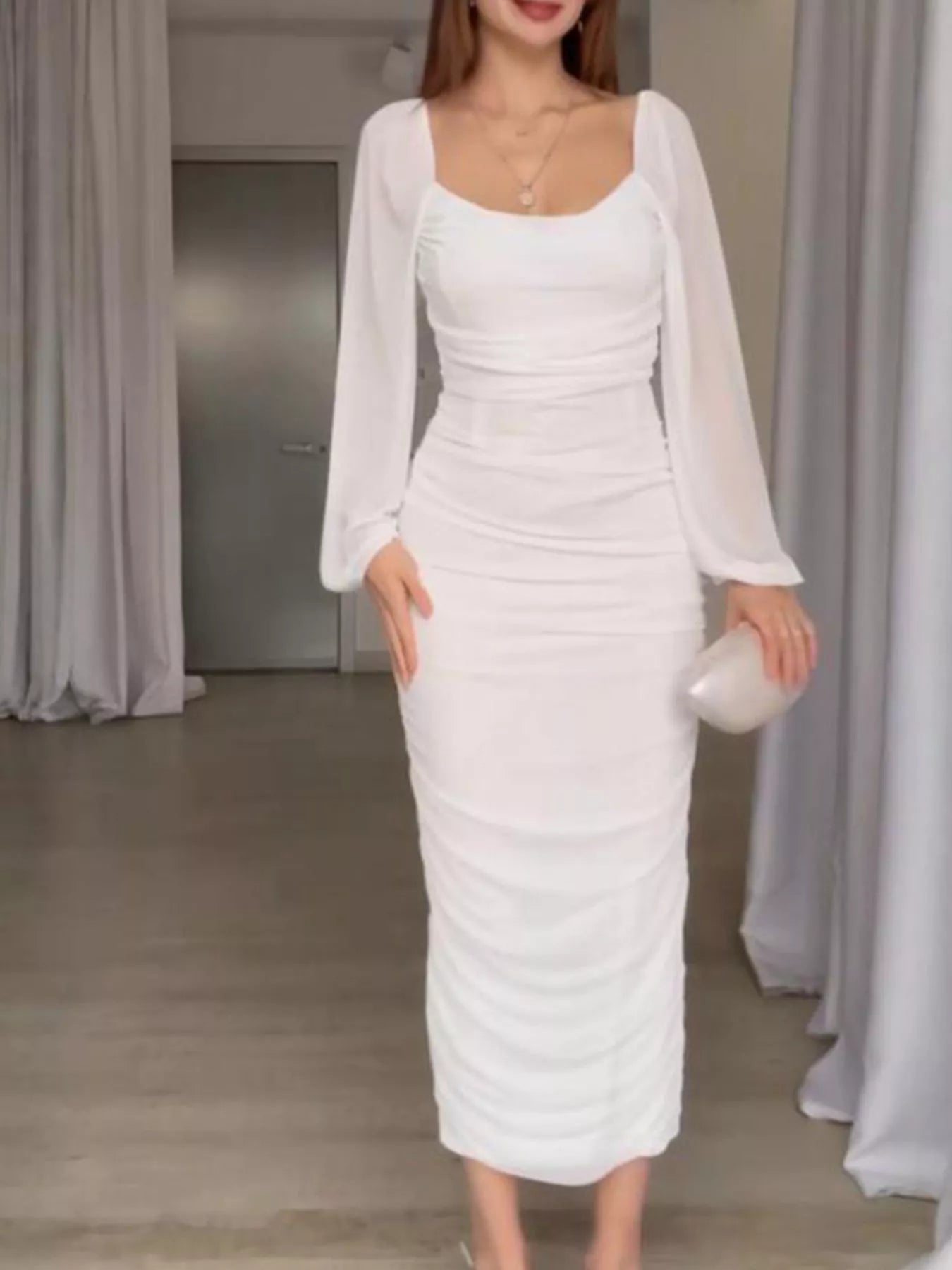 Trendsi Ruched Sheer Long Sleeve Dress -