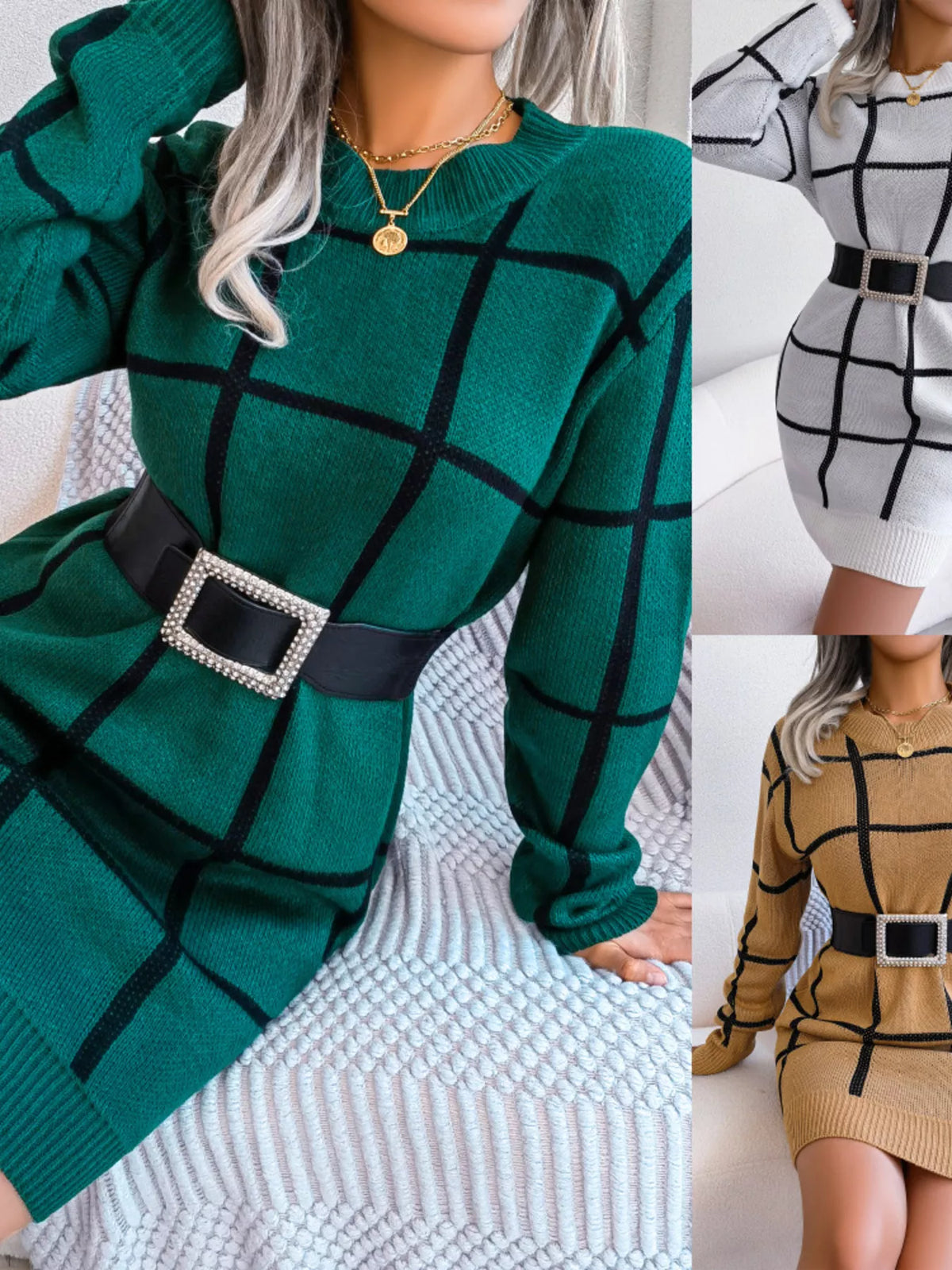 Green windowpane long-sleeve sweater dress, seated view with color insets.