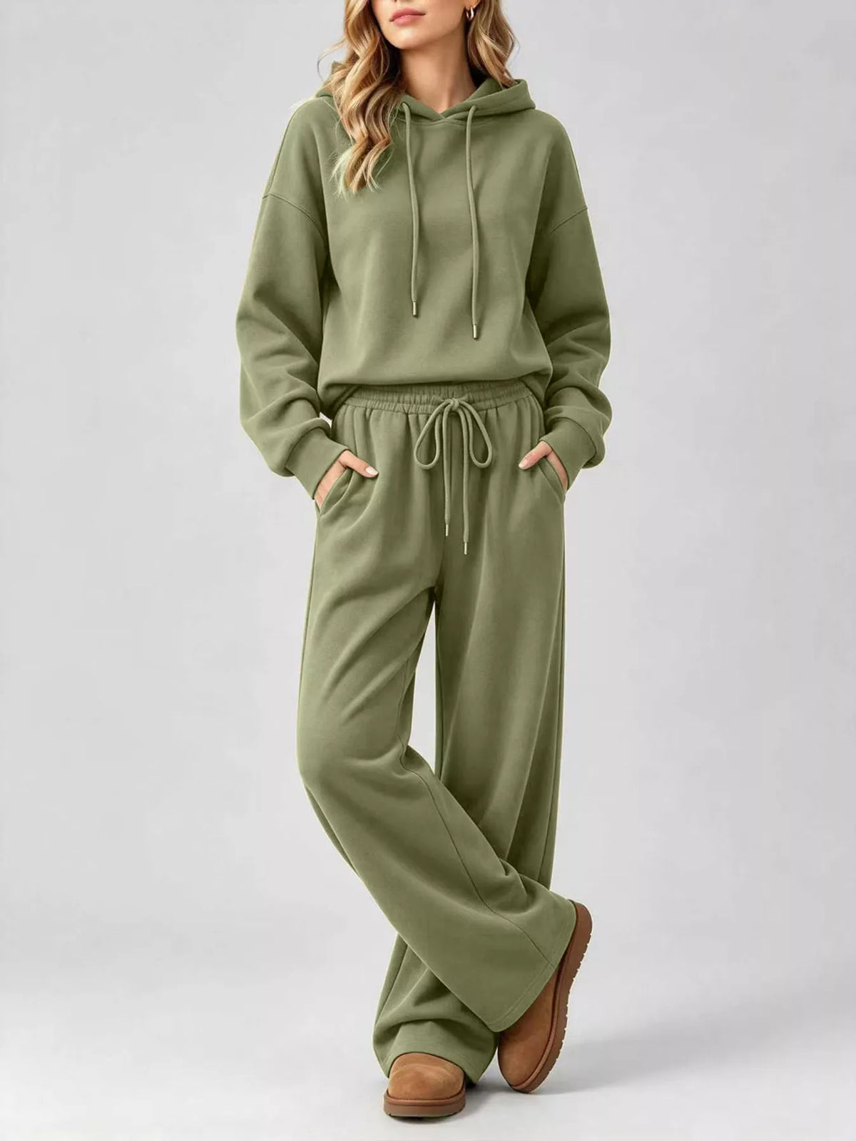 Green dropped shoulder hoodie and wide-leg pants set