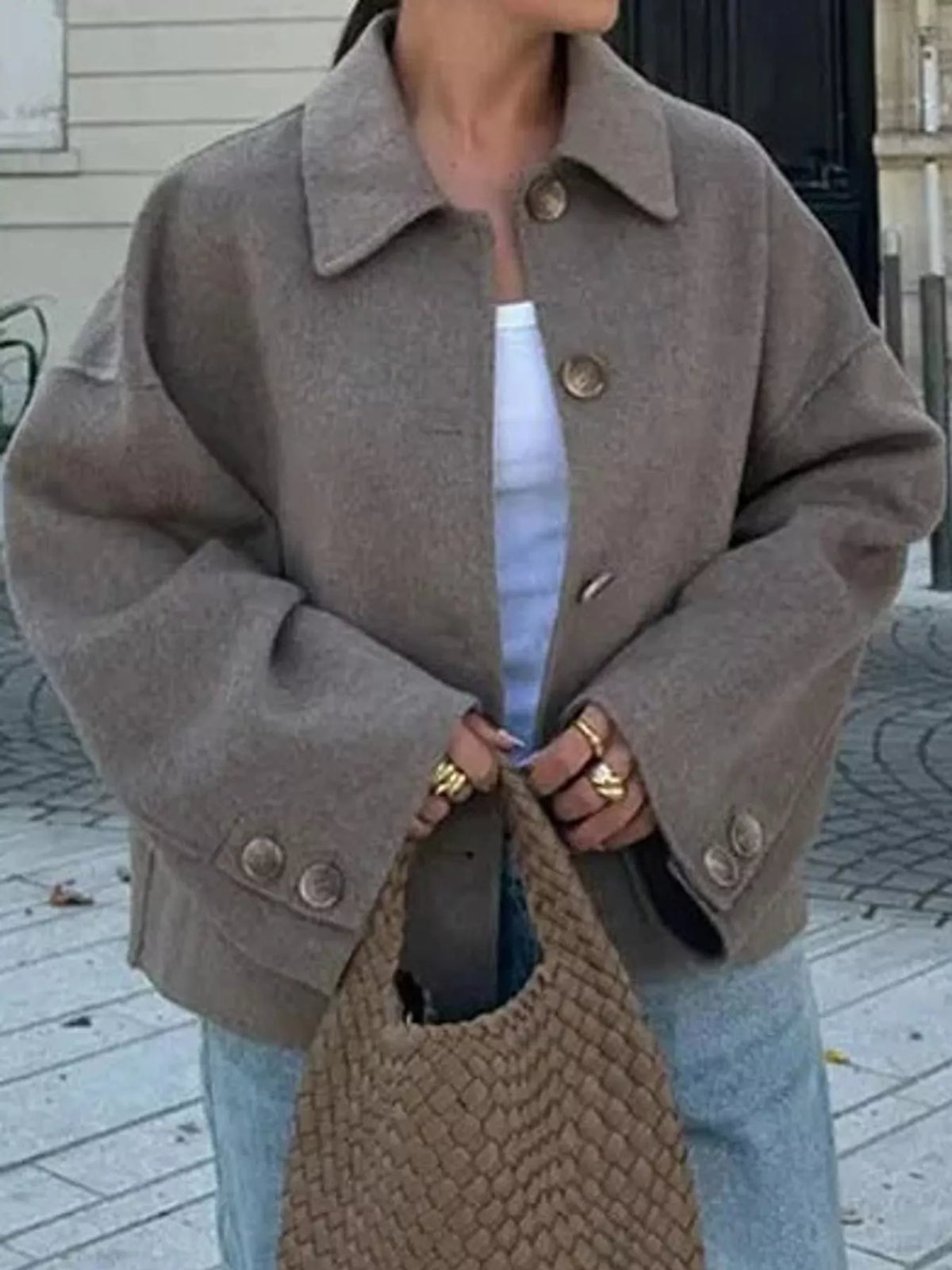 Button-up jacket, taupe front