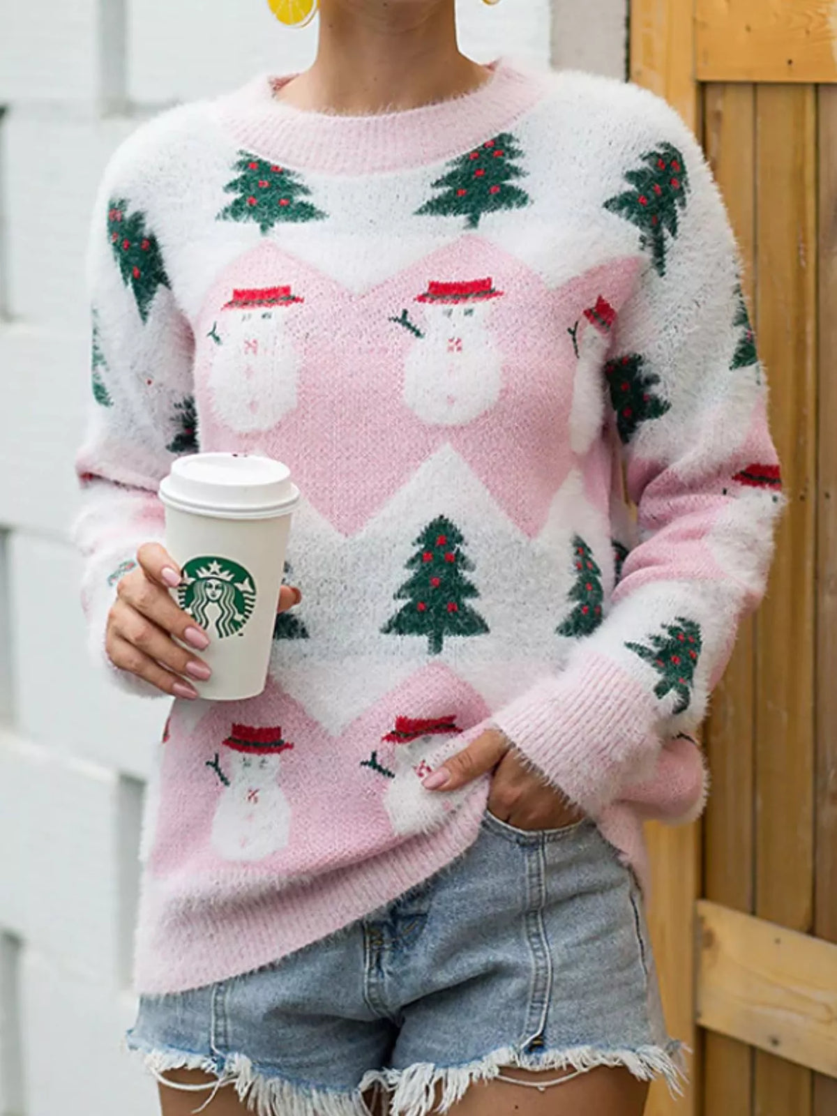 Women's Christmas Snowman Dropped Shoulder Sweater in Pink, alternate view