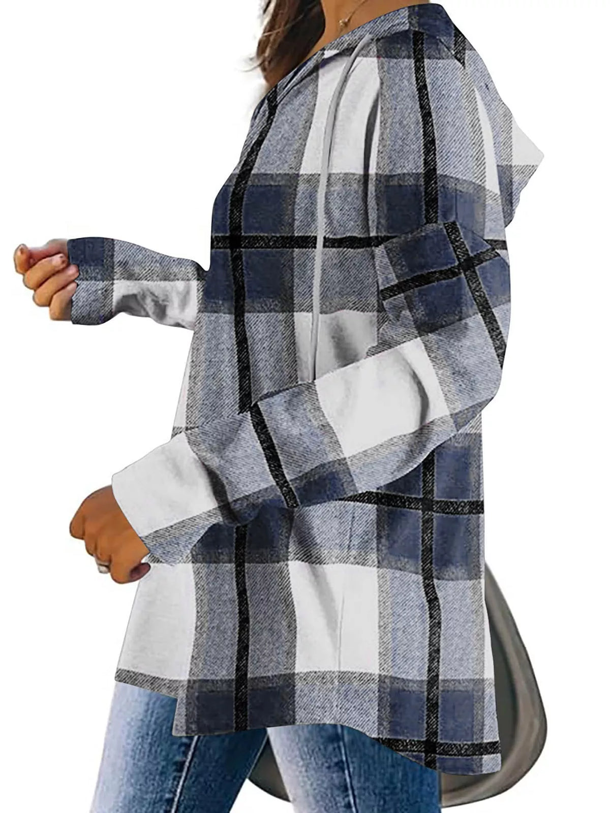 Navy plaid long sleeve hoodie with drawstring