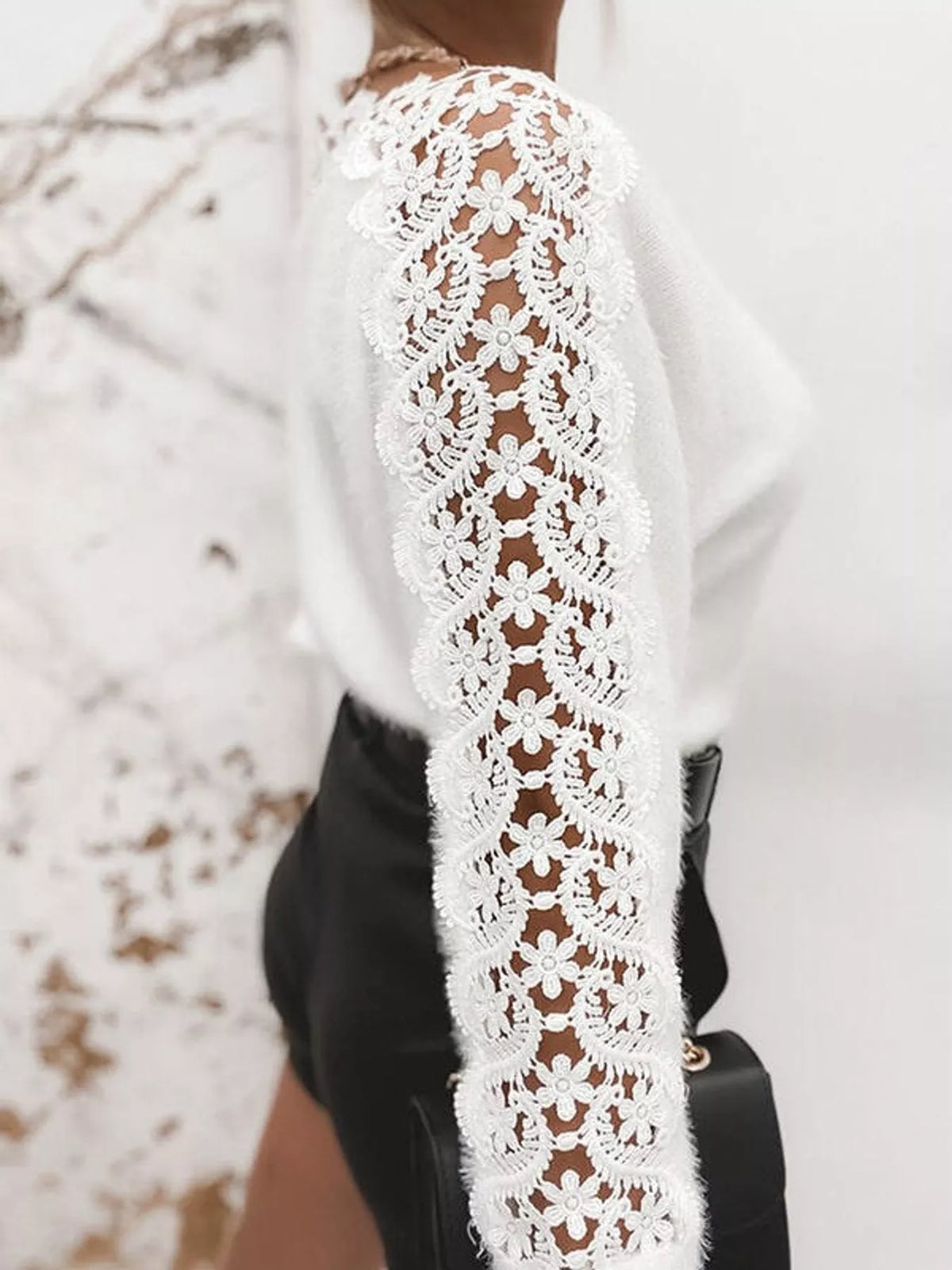 Women's Lace-Trimmed Long Sleeve Sweater in white — sleeve detail view