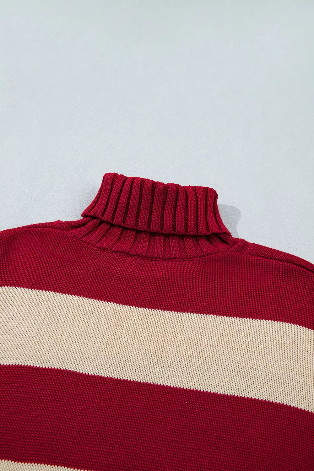 Striped High Neck Ribbed Trim Sweater in red and cream, neckline detail