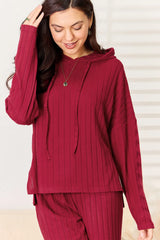 Trendsi Basic Bae Full Size Ribbed Drawstring Hooded Top and Straight Pants Set -