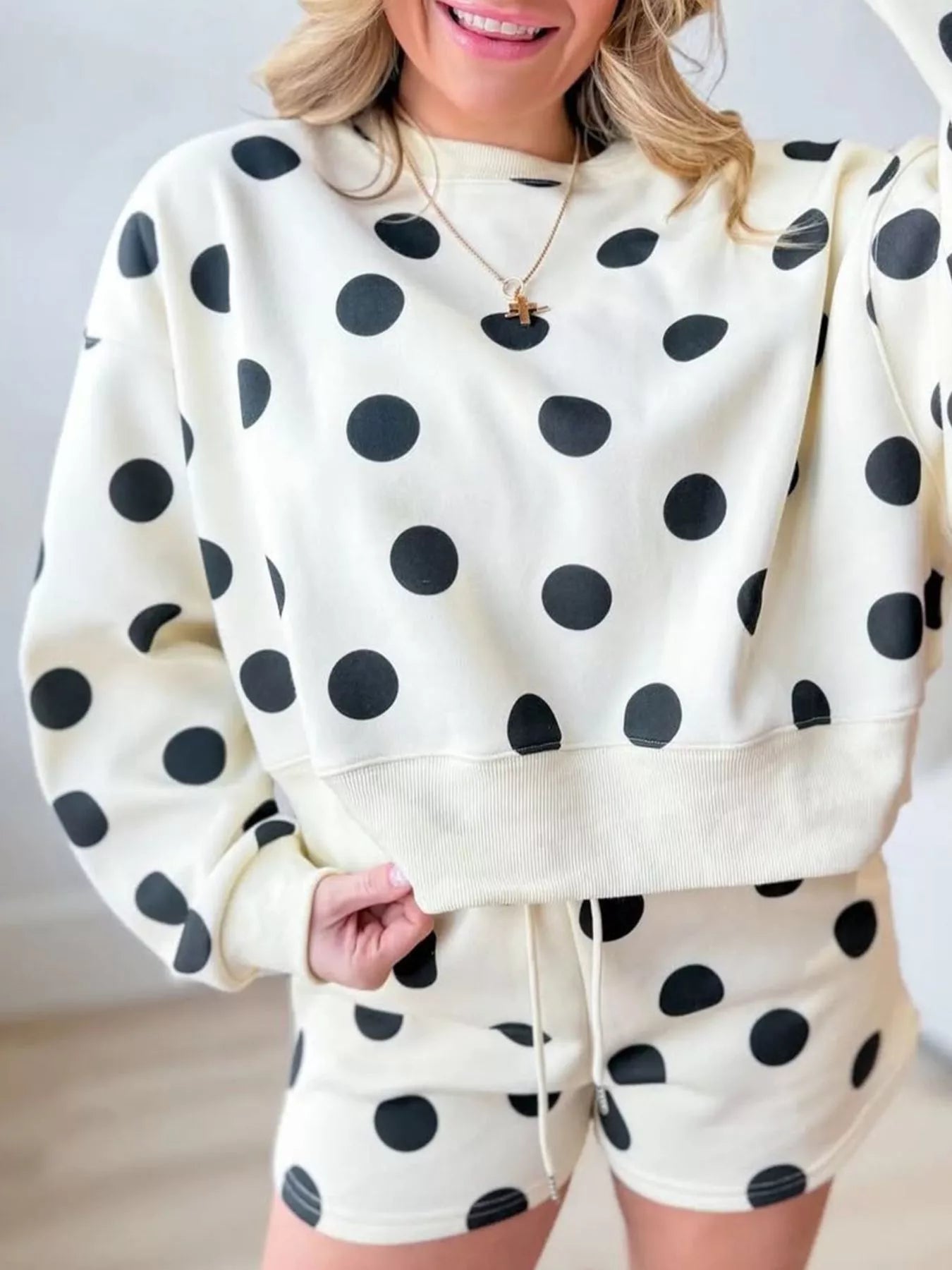 Trendsi Polka Dot Crewneck Sweatshirt and Shorts Set -