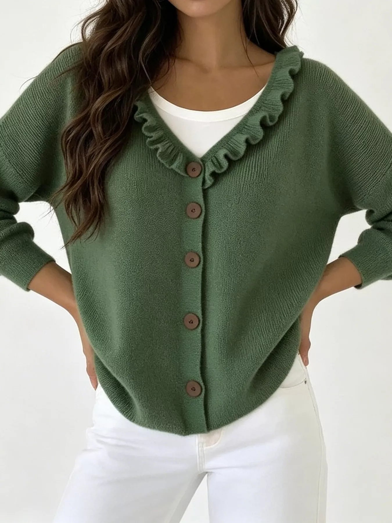 Trendsi Ruffled Neckline Button-Up Cardigan -