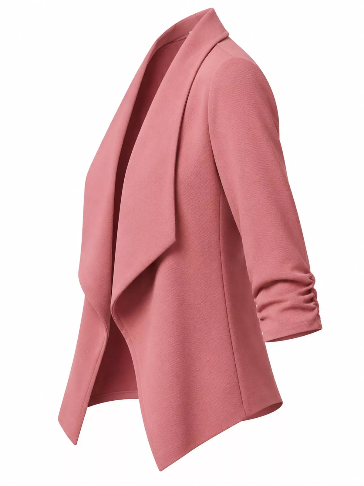 Pink open-front blazer with ruched 3/4 sleeves, side view