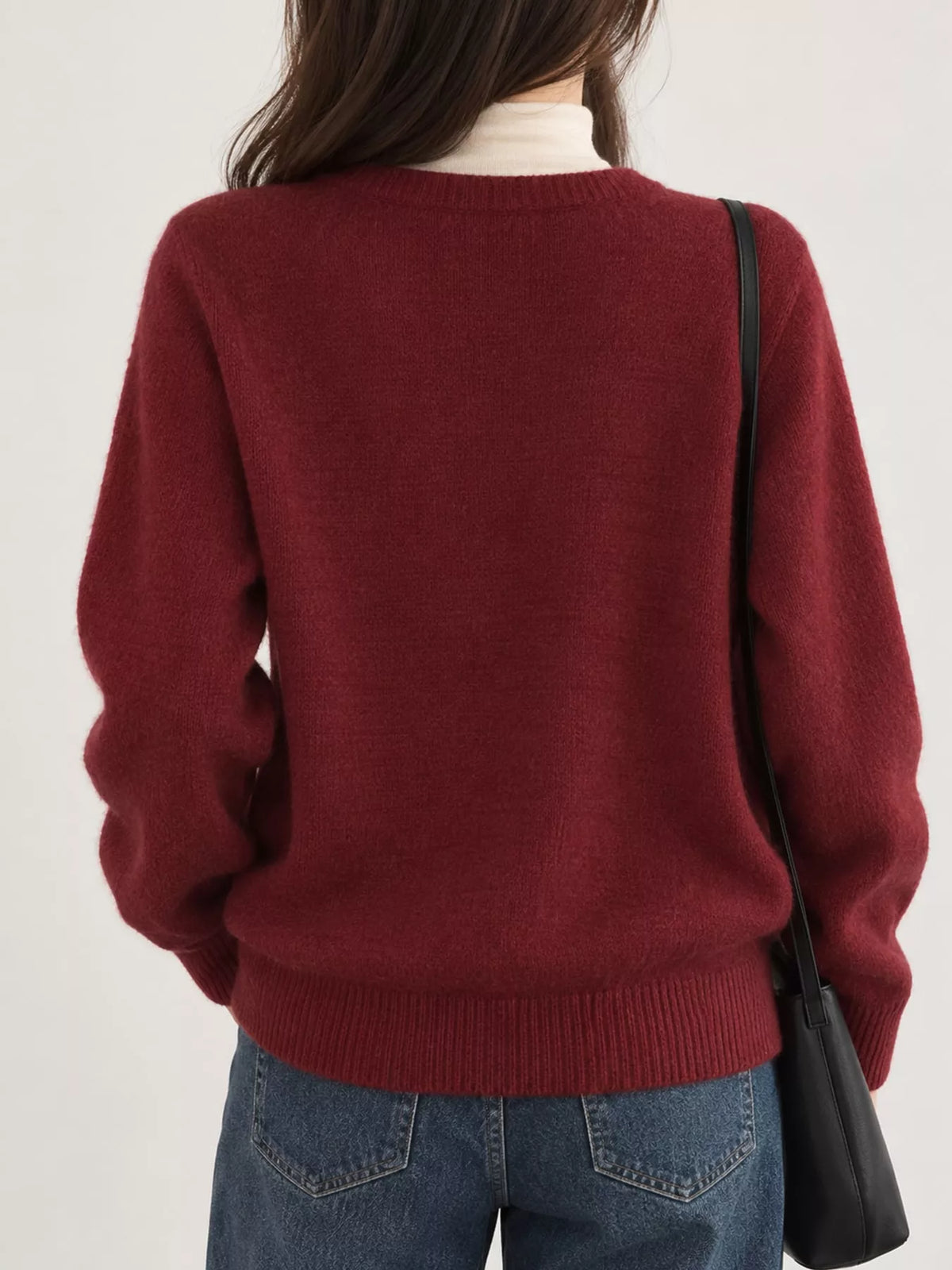 Women's Crew Neck Button-Down Knit Cardigan in burgundy — back view