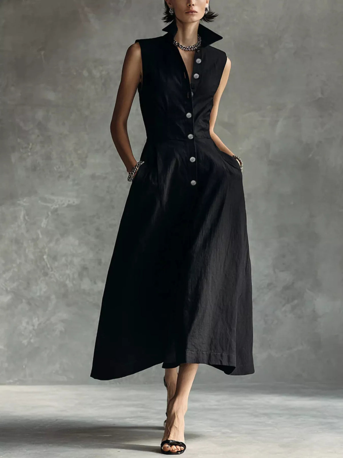 Black button-down midi shirt dress