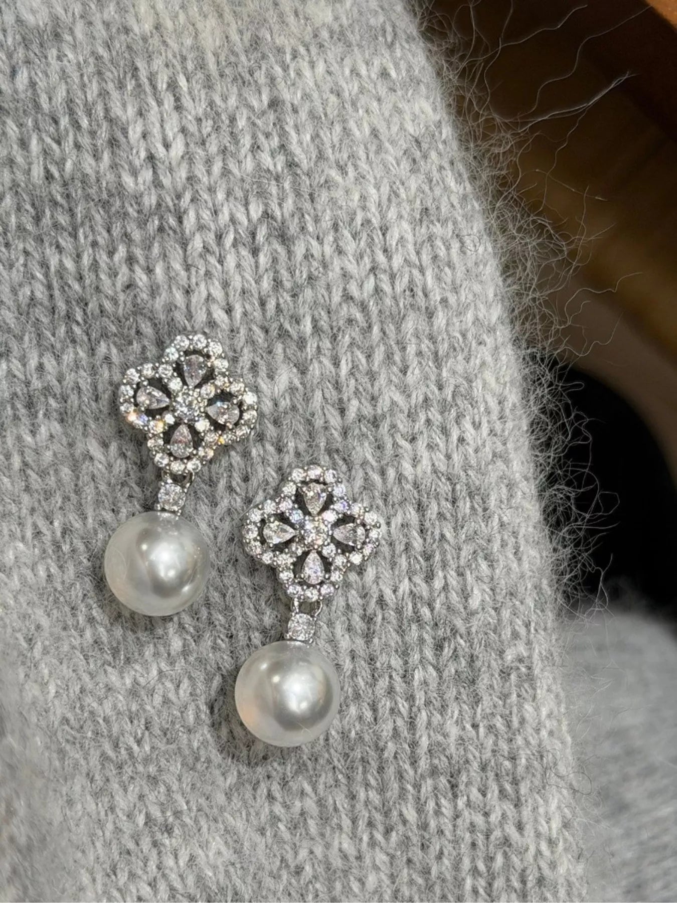 Trendsi Zircon Four Leaf Clover Pearl Drop Earrings -