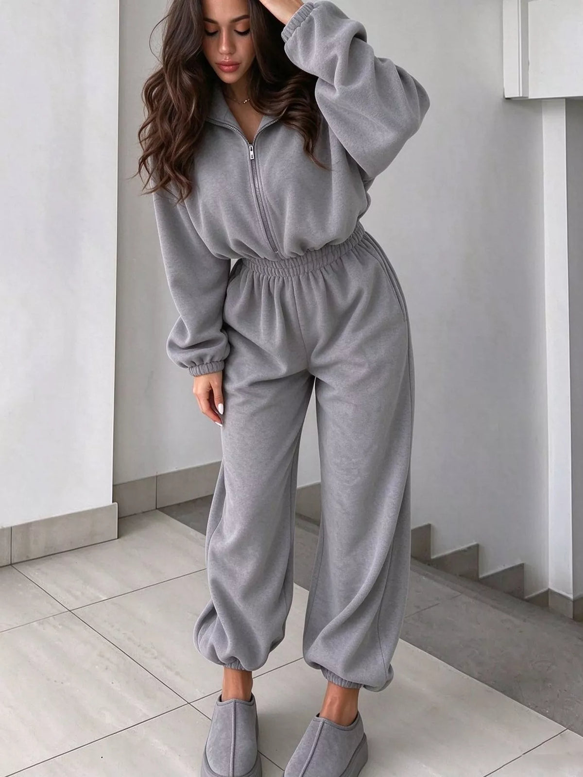 Zip Front Long Sleeve Jumpsuit — front view