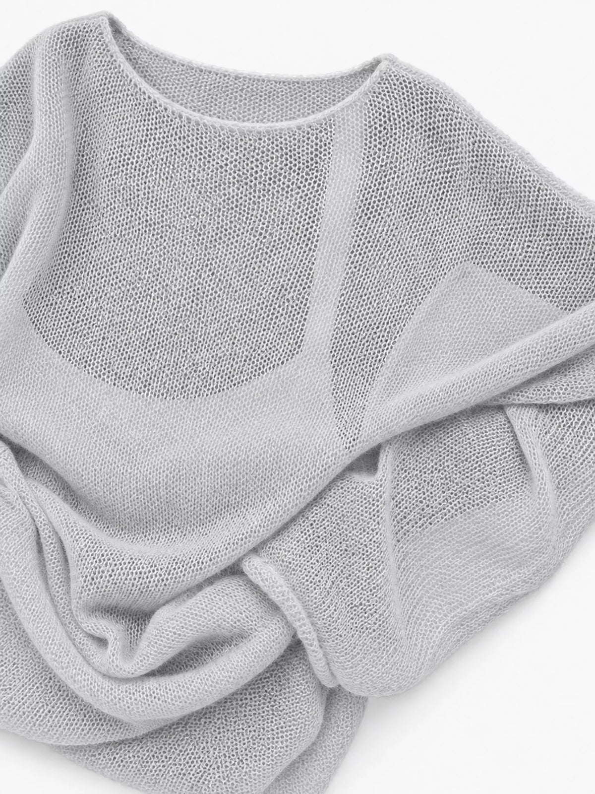 Light gray sheer openwork knit long sleeve top
