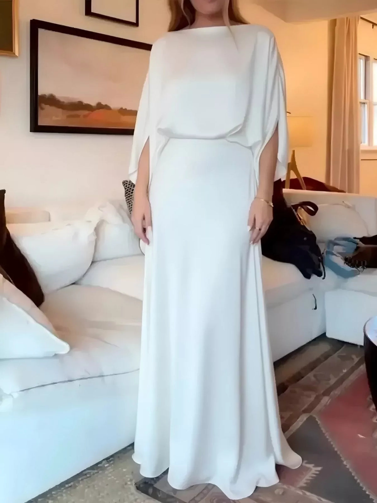 White satin cape sleeve maxi dress, front view