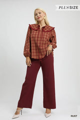 Trendsi Umgee Full Size Plaid Ruffle Collar Blouse Plus Size -