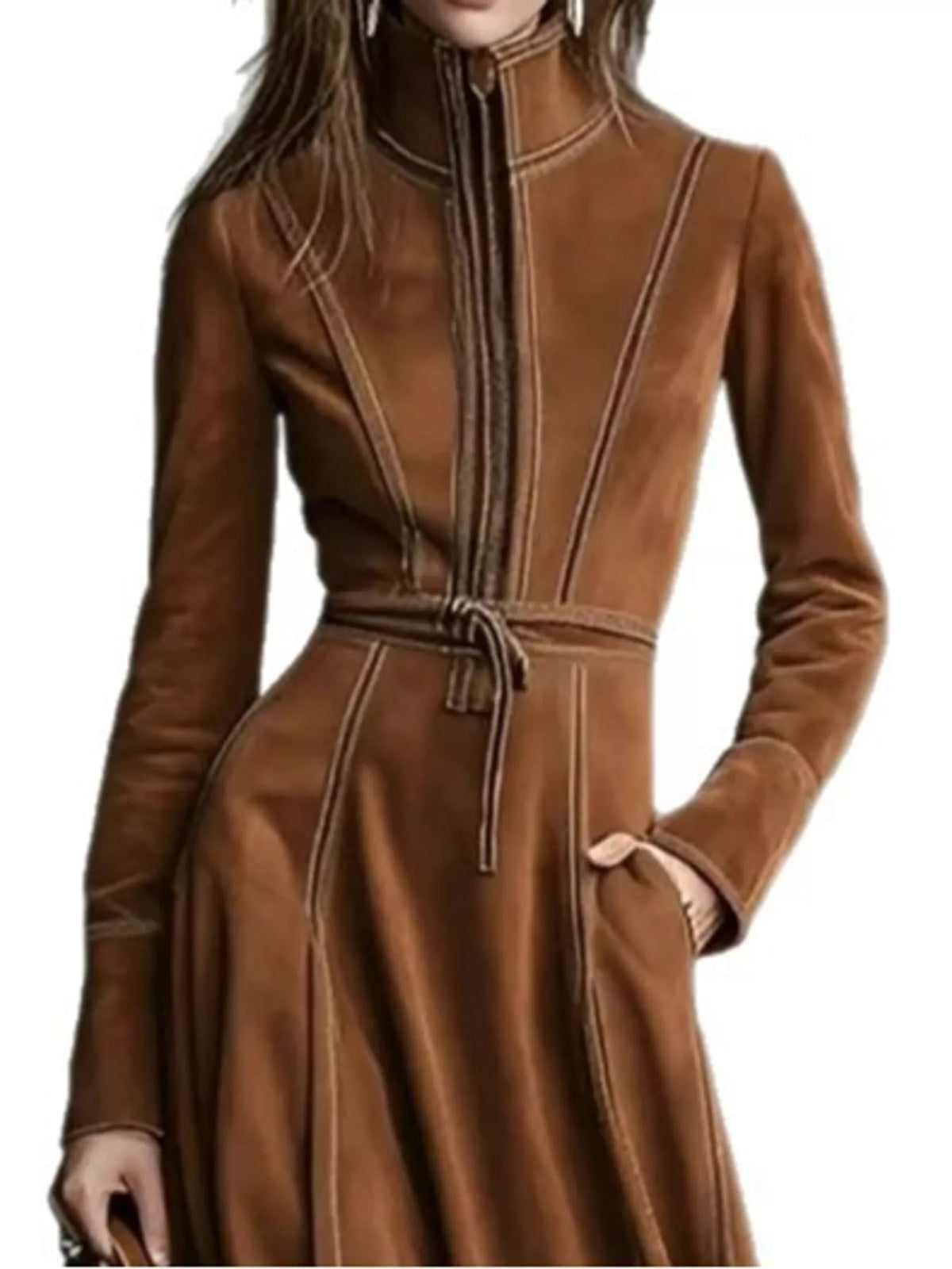 Brown zipper front midi dress, front view