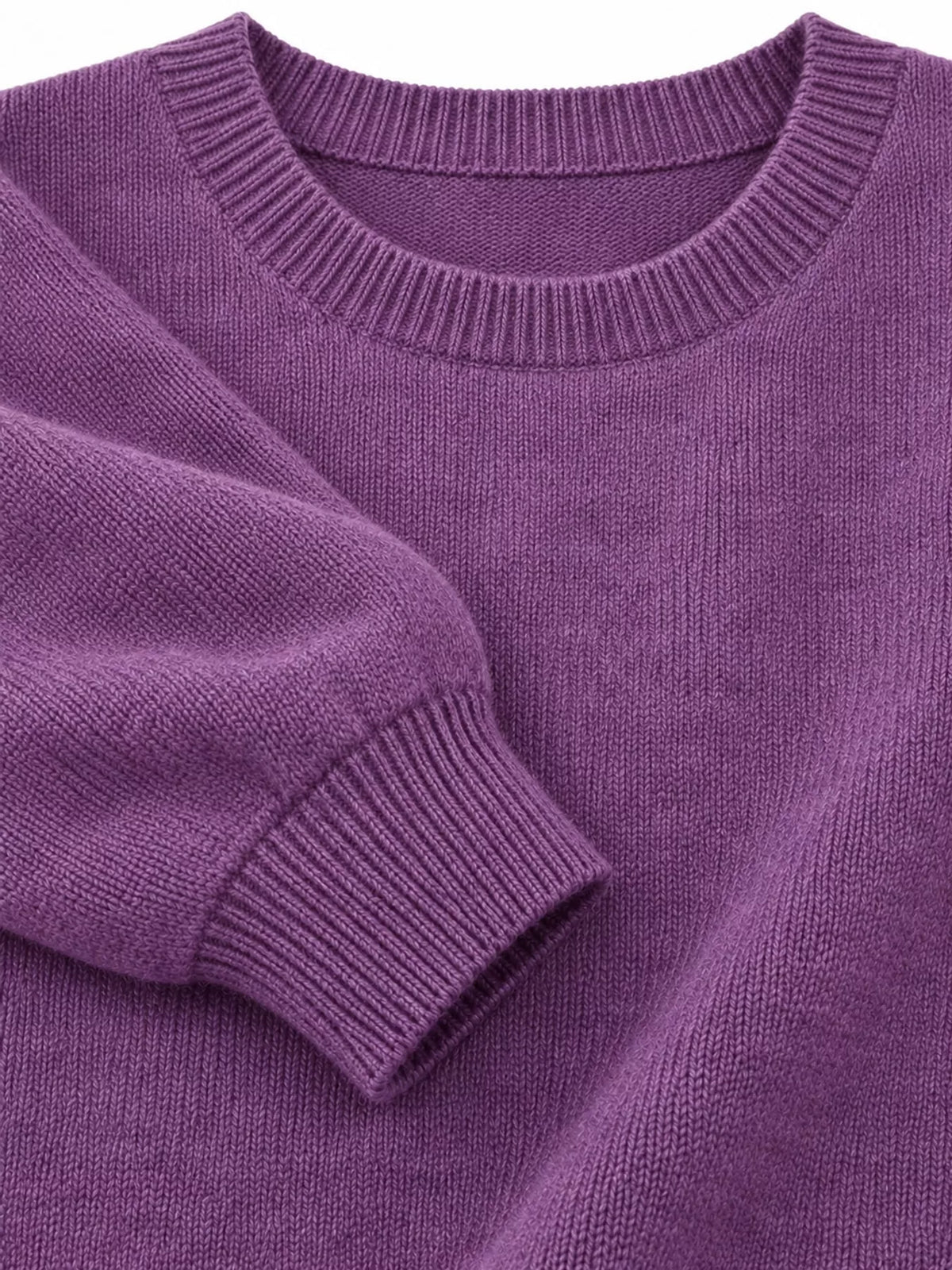 Purple crew neck sweater, detail view