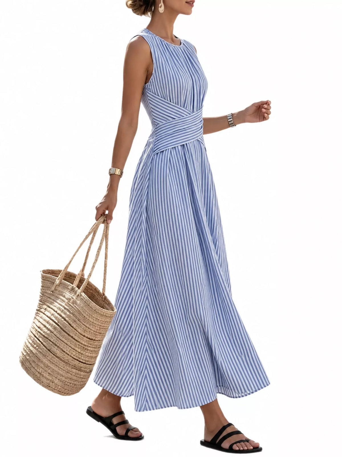 Women's Sleeveless Striped Maxi Dress with Criss-Cross Waist Detail in blue striped — side view