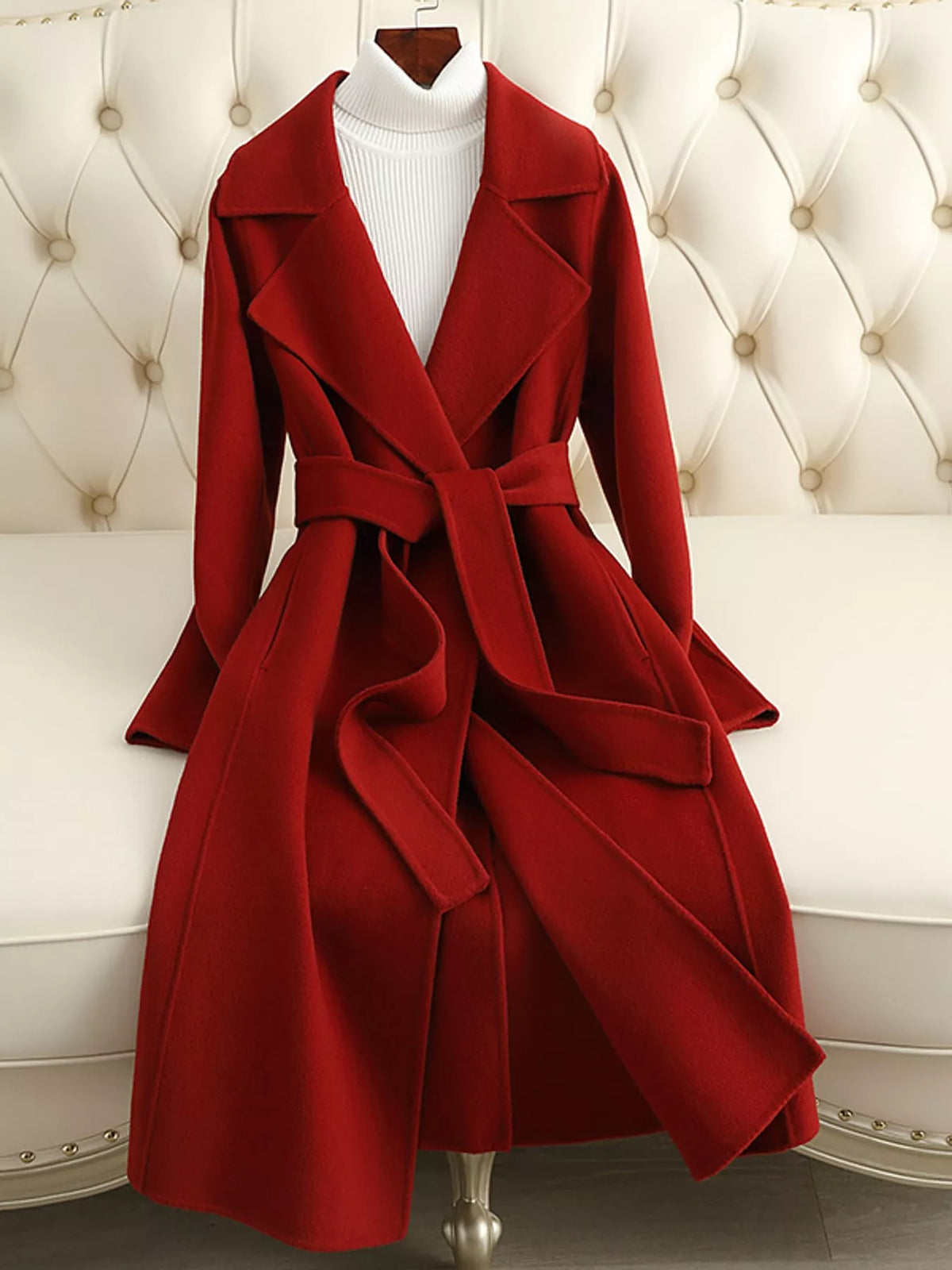 Red belted longline wool coat