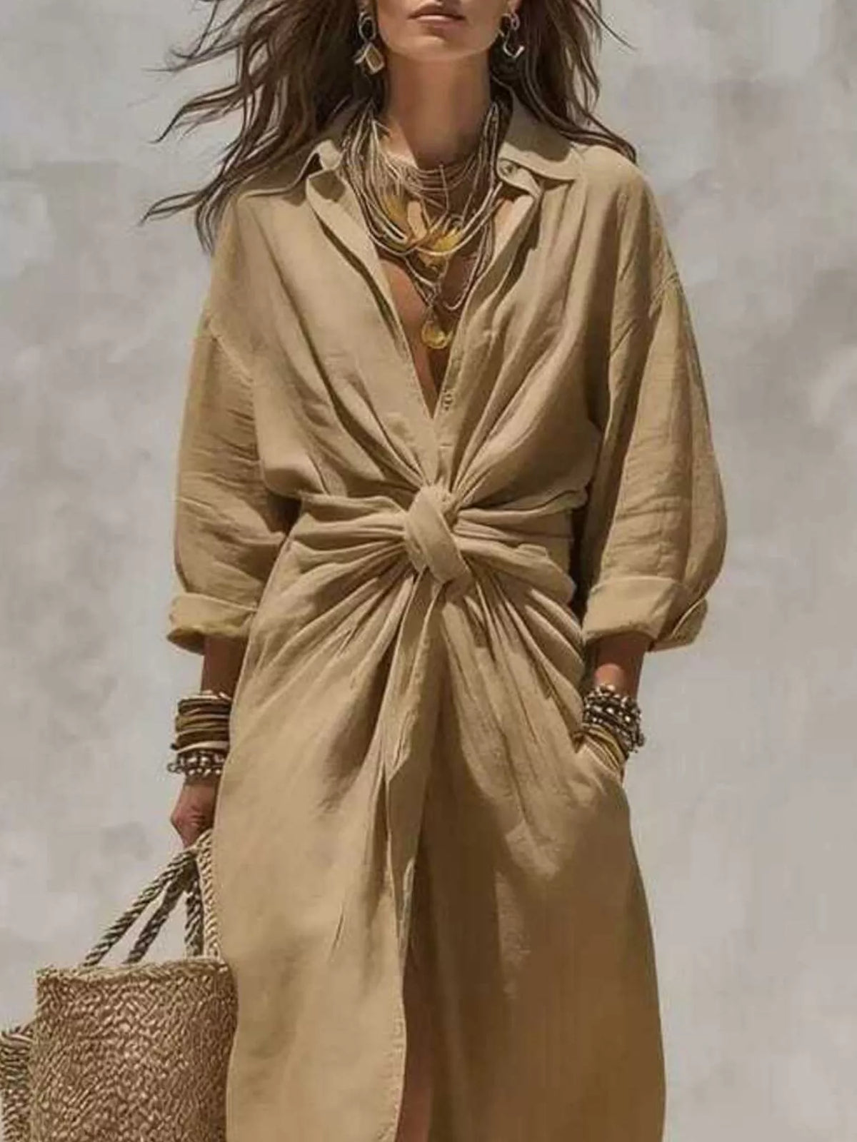 Trendsi Front-Tie Maxi Shirt Dress -