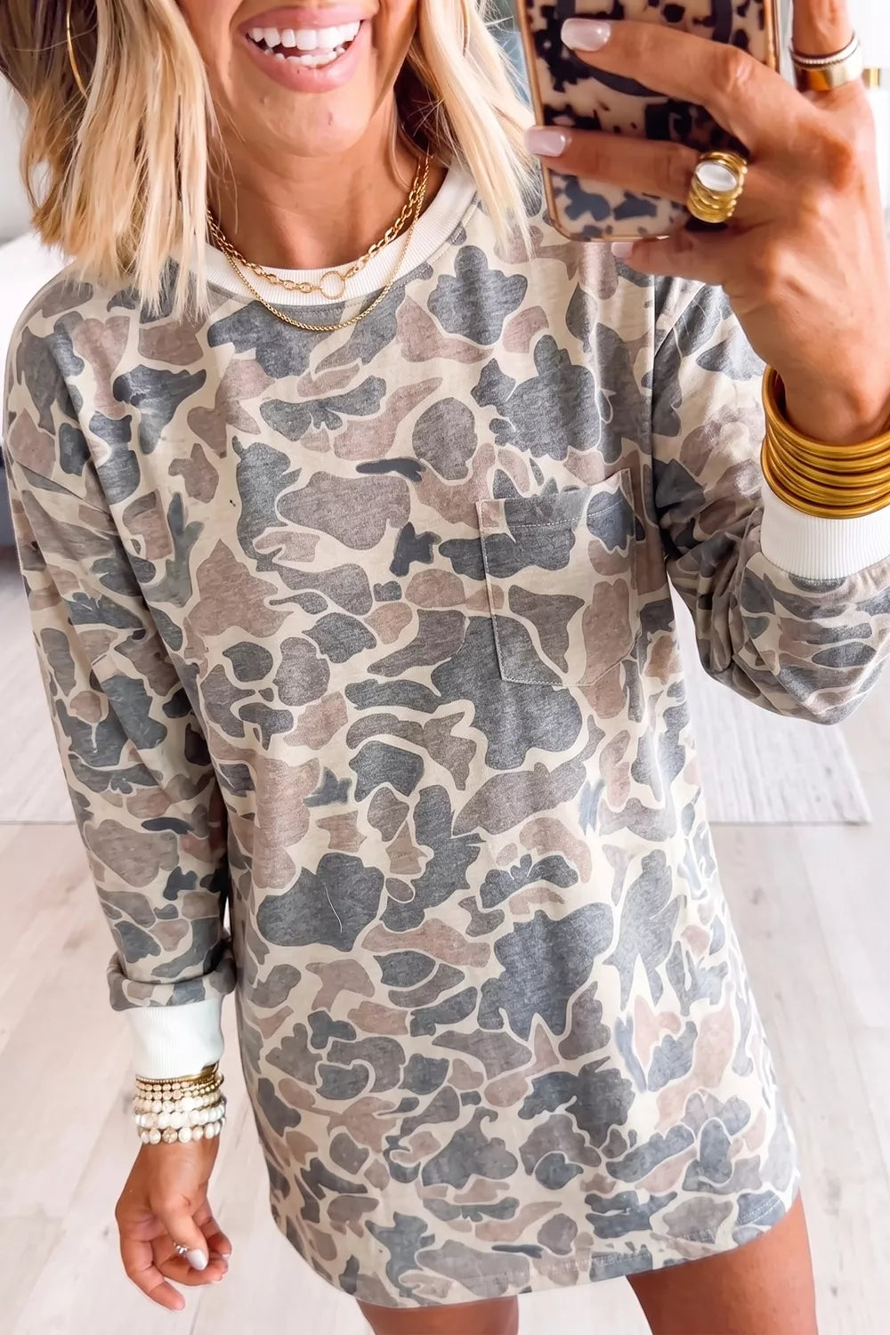 Gray and beige botanical camo mini dress with white ribbed cuffs and side pockets