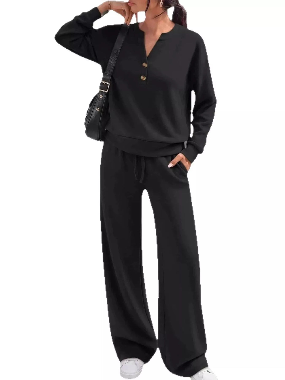 Black button detail top and wide-leg pants set — front view