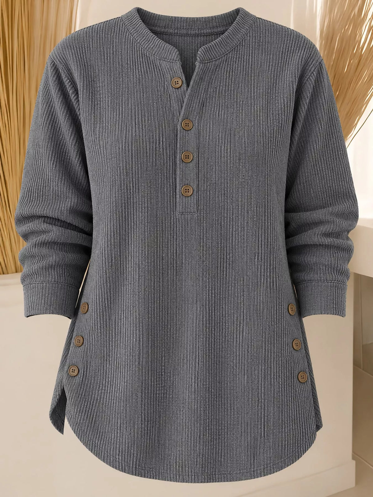 Gray button detail long sleeve top, front view