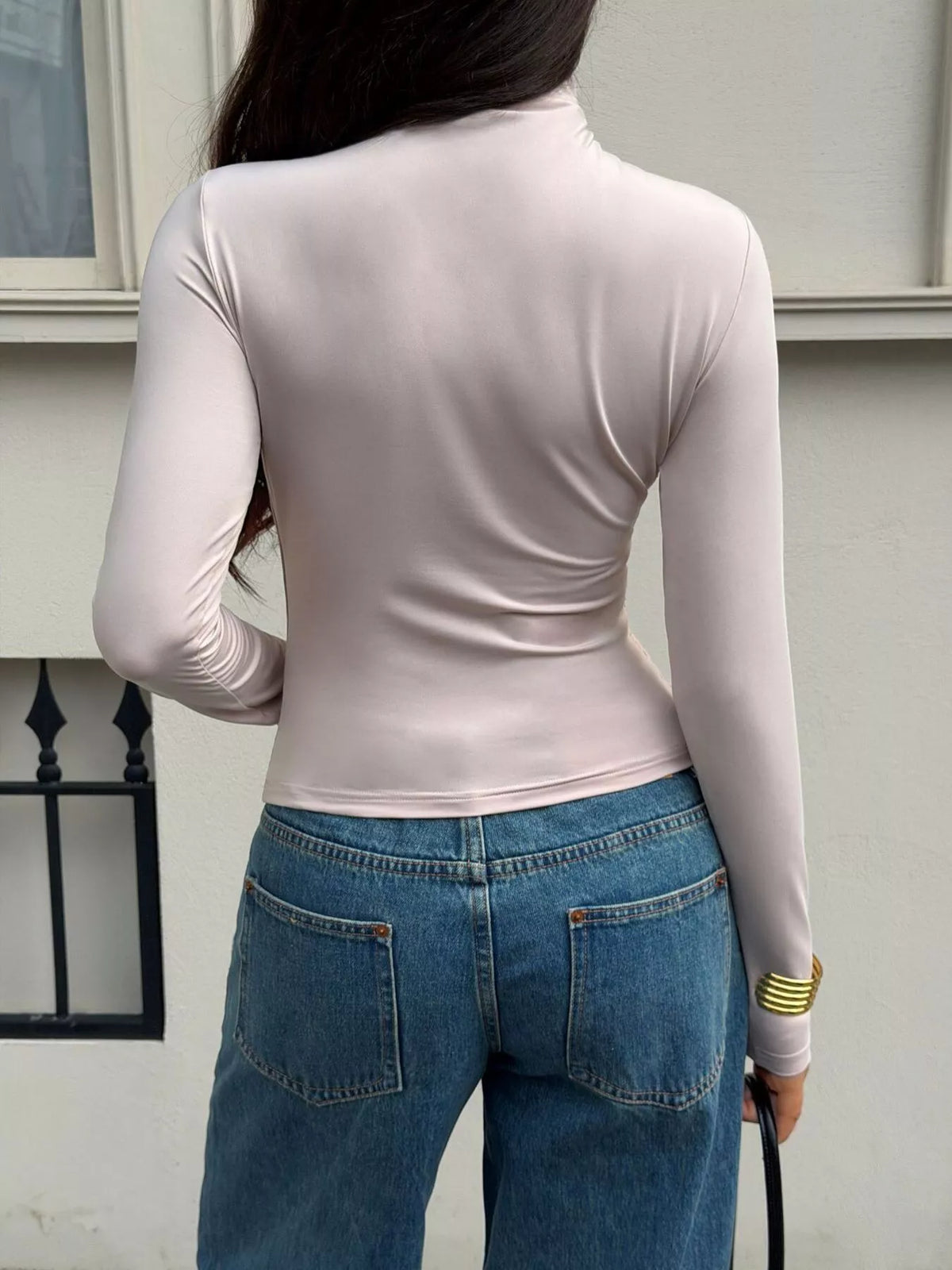 Mock Neck Ruched Slim-Fit Long Sleeve T-Shirt in beige, back view