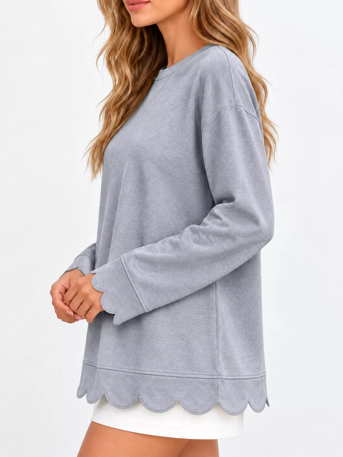 Light Gray scalloped hem crewneck sweatshirt