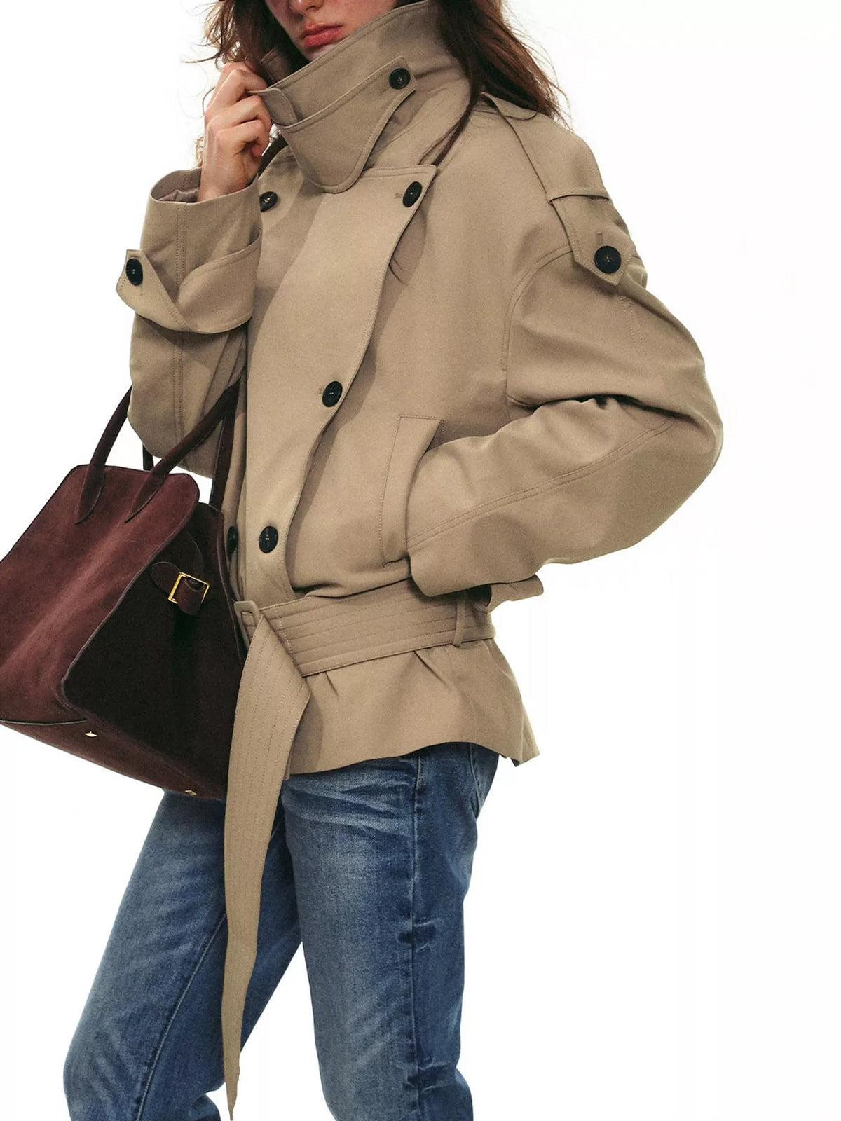 Women's Belted Waist Button Up Trench Jacket in beige — front view