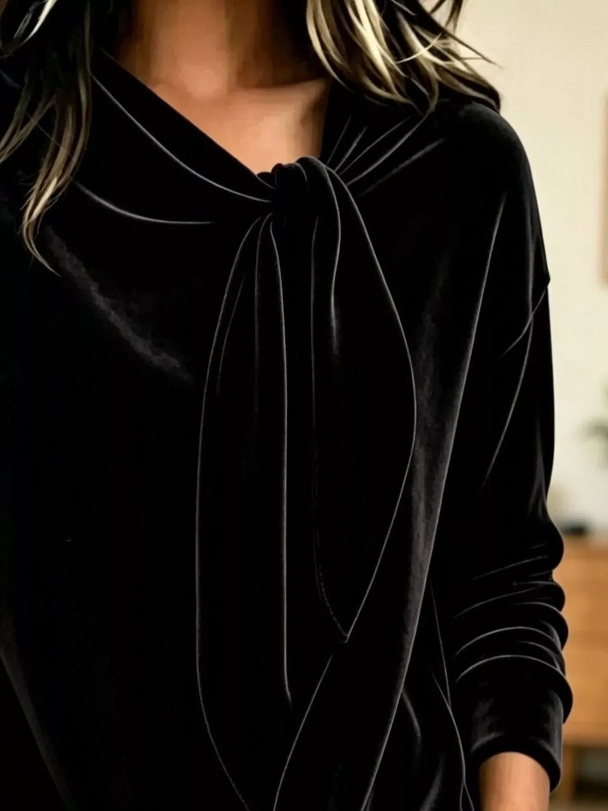 Women's Velvet Tie-Neck Long Sleeve Sweatshirt in black — neckline detail view