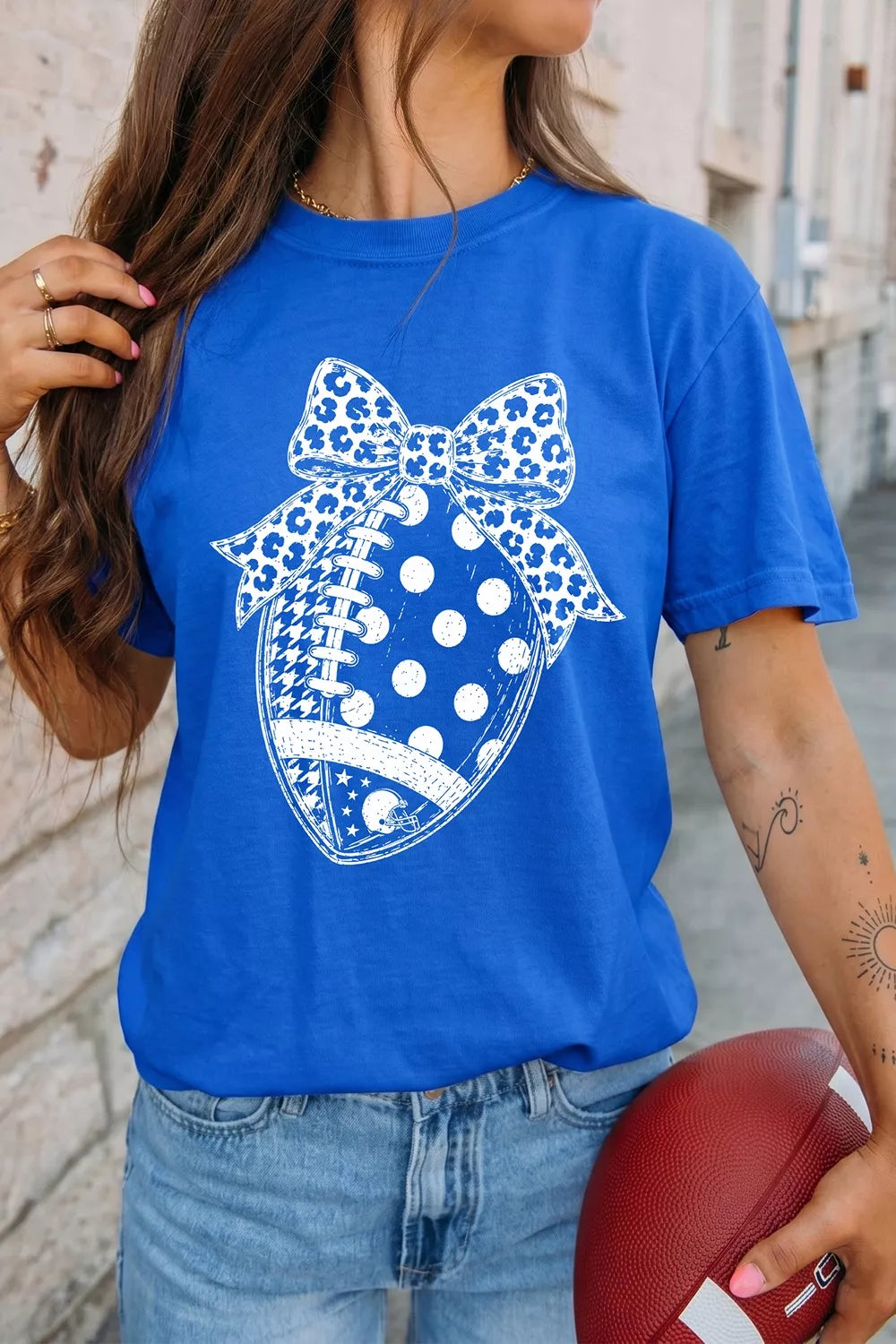 Women's leopard bow polka dot football graphic game day T-shirt
