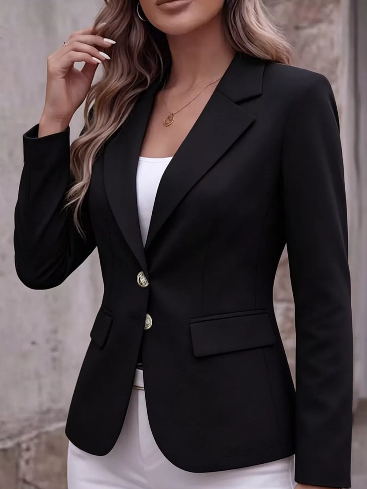 Collared long sleeve blazer, front view on model